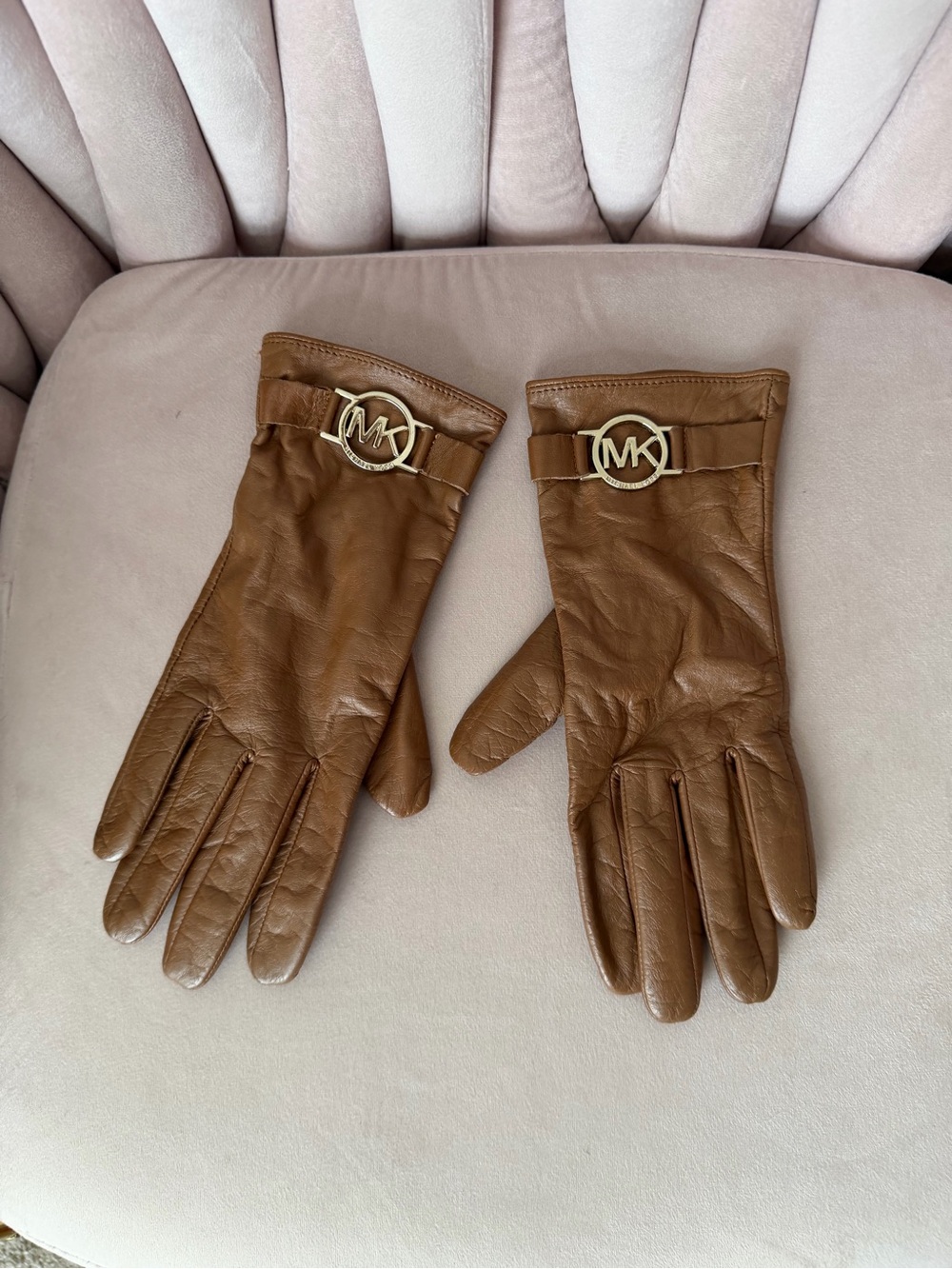 MICHAEL KORS Brown Leather & Gold MK Gloves Sz Medium - Picture 14 of 14